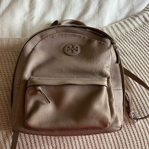 Tory Burch Taupe Pebble Gray Zip Around Leather Backpack